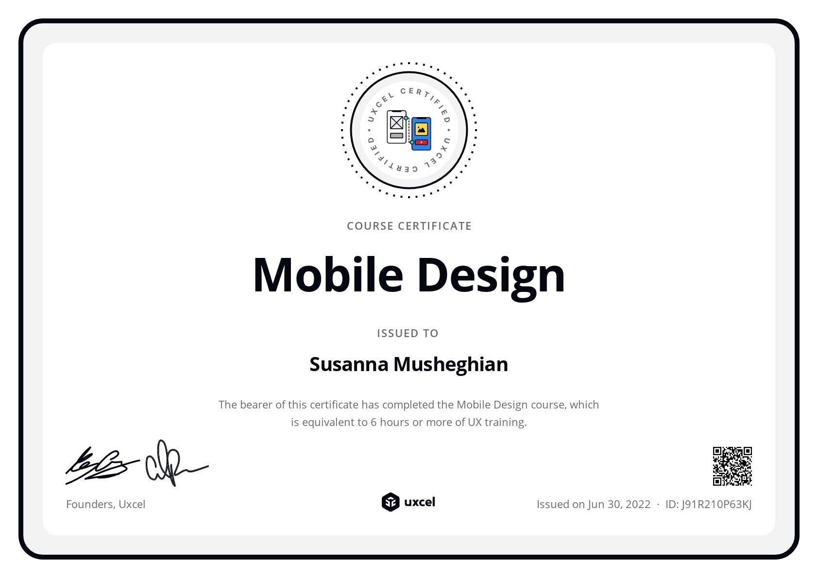 Susanna Musheghian's certificate